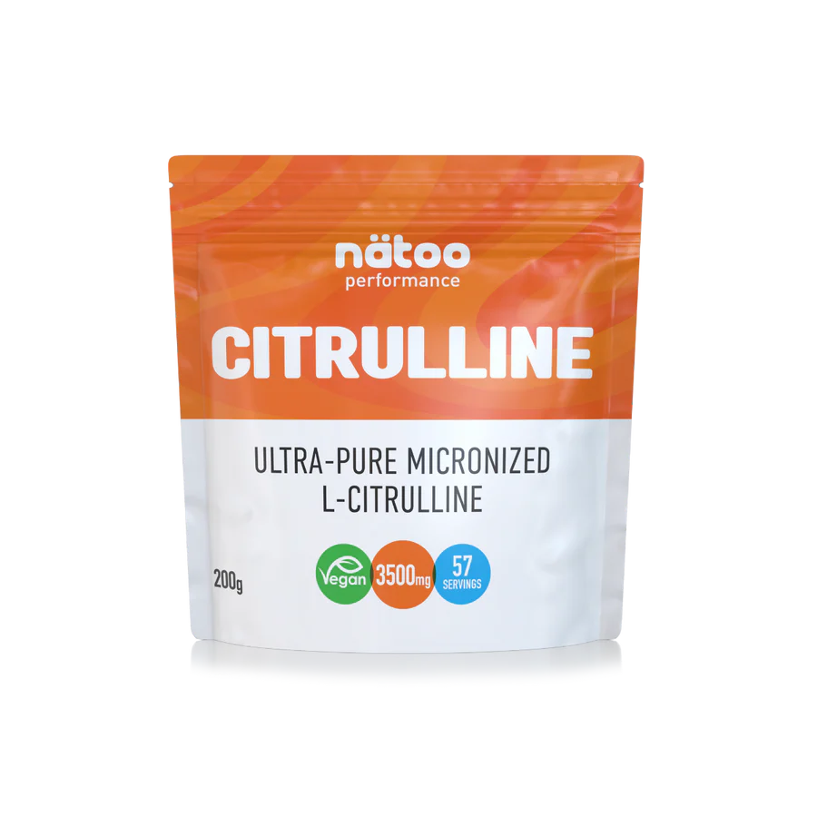 Barattolo da 200 grammi di Natoo Citrullina in polvere pura, integratore pre-workout per la vasodilatazione e lo sport.