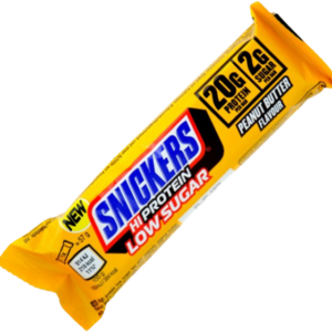 Barretta proteica Snickers Hi Protein Low Sugar Peanut Butter 55g, 20g proteine e 2g zuccheri.