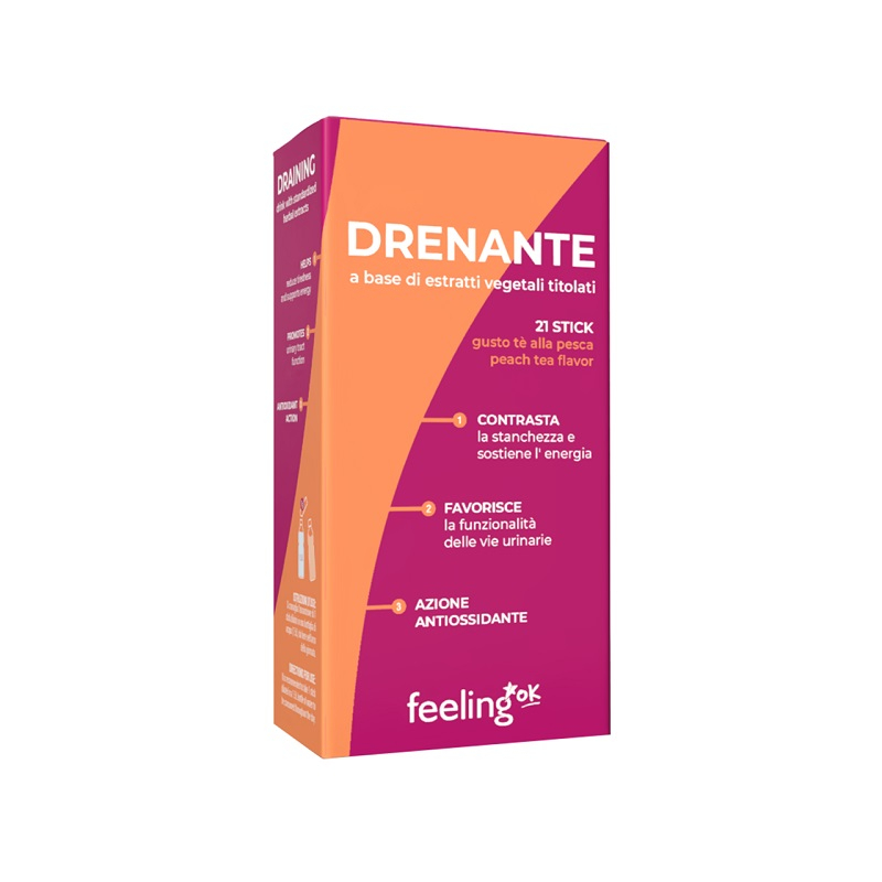 Confezione FeelingOk Drenante alla pesca 21 stick, integratore drenante e antiossidante a base di estratti vegetali.