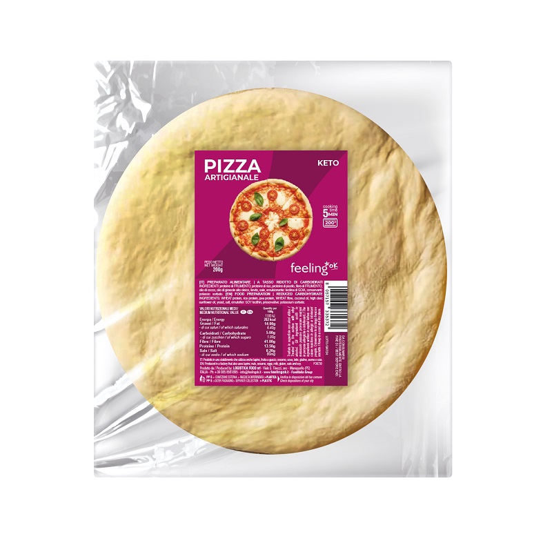 Base per pizza artigianale keto FeelingOk da 200g a basso contenuto di carboidrati.
