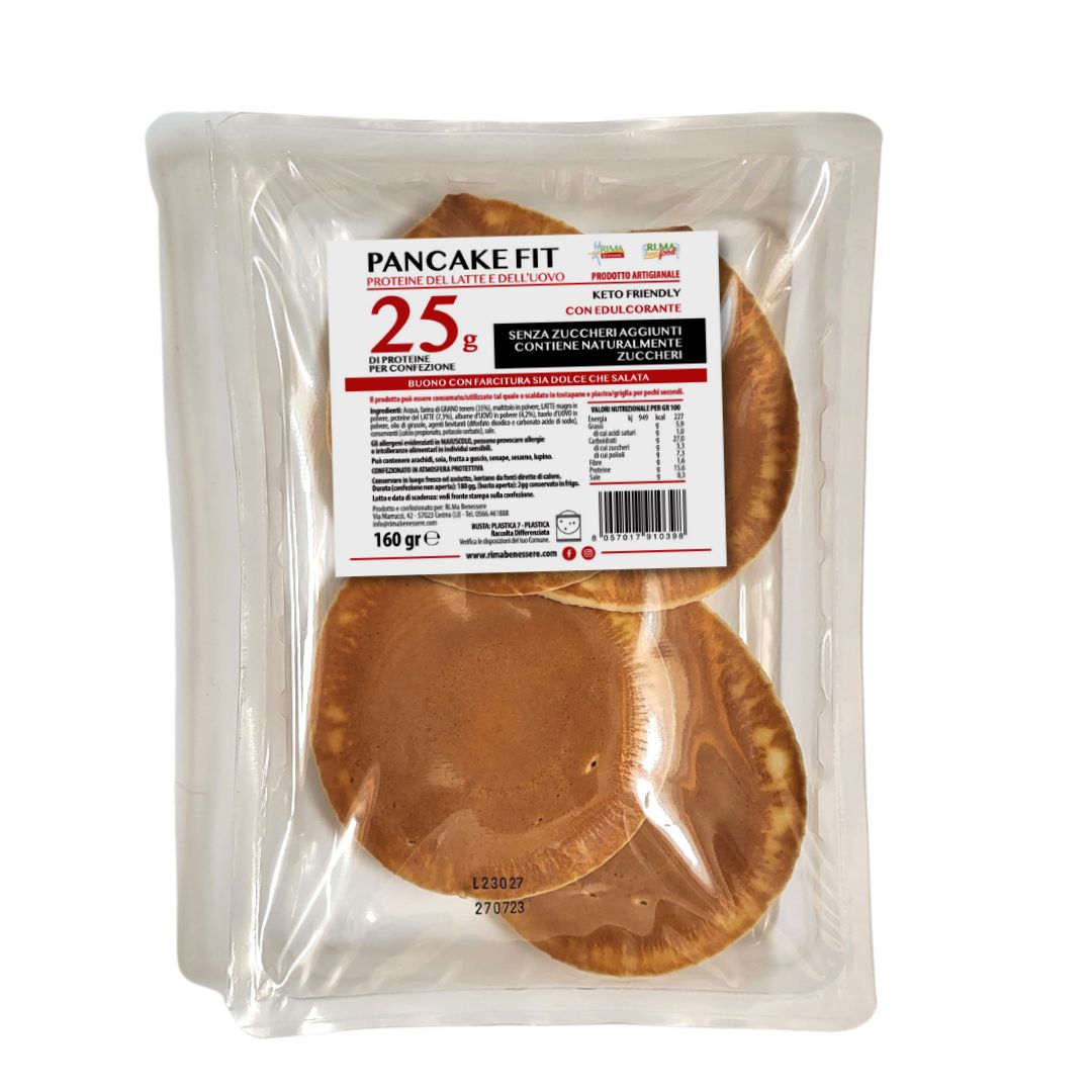 Confezione da 160 grammi di Rima Benessere Pancake fit proteico, miscela per colazione salutare e sportiva.