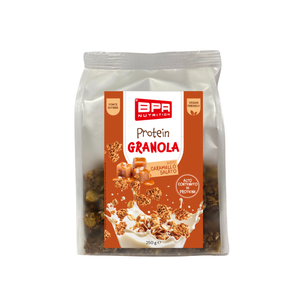 Confezione Doypack di BPR Protein Granola da 250g, cereali proteici croccanti biologici per colazione sportiva
