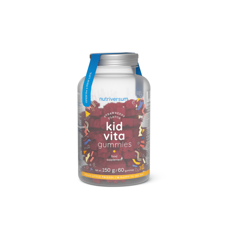 Flacone da 60 caramelle gommose Nutriversum kid Vita Gummies, integratore multivitaminico per bambini senza glutine.