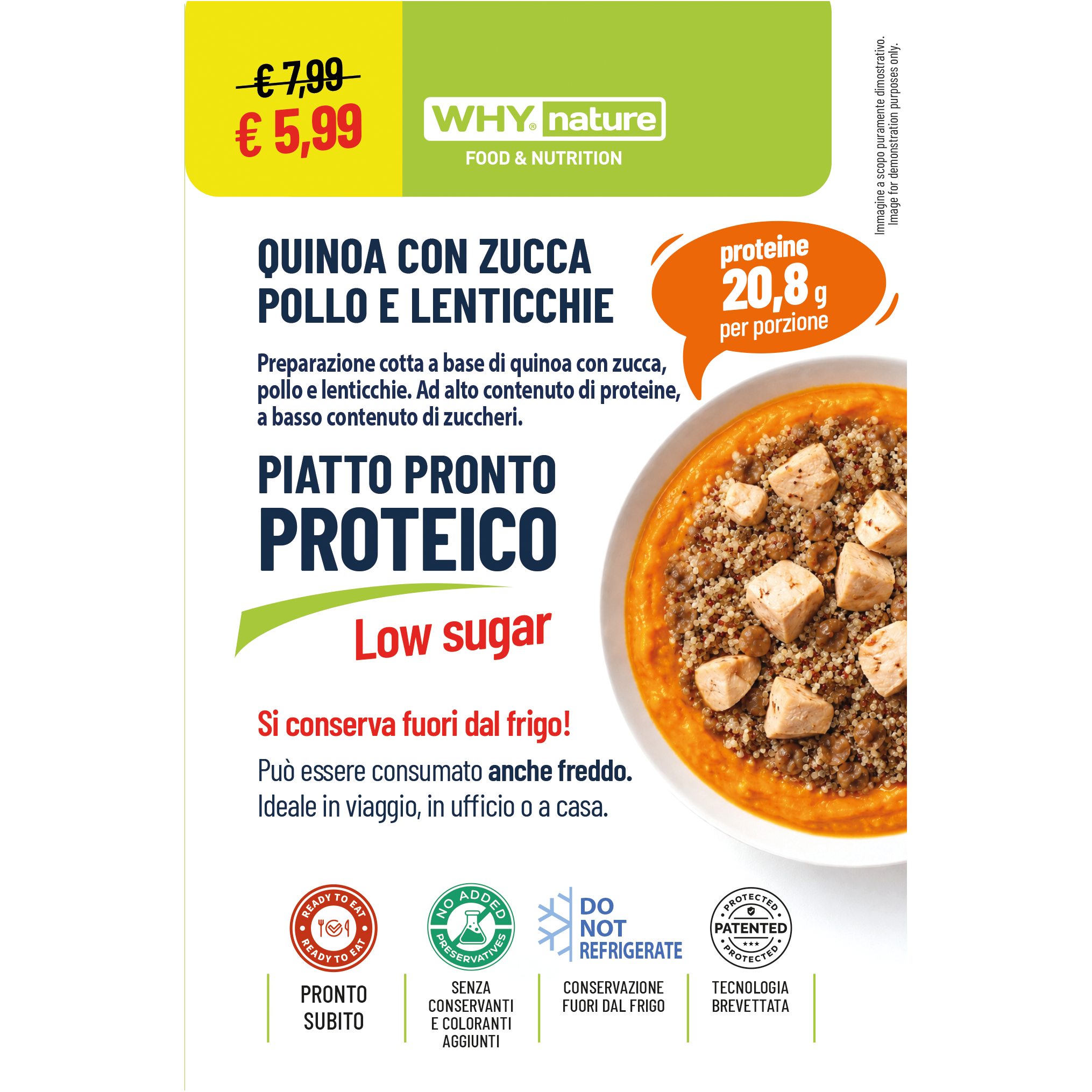 Piatto pronto proteico Why Nature Quinoa con zucca pollo e lenticchie 270g