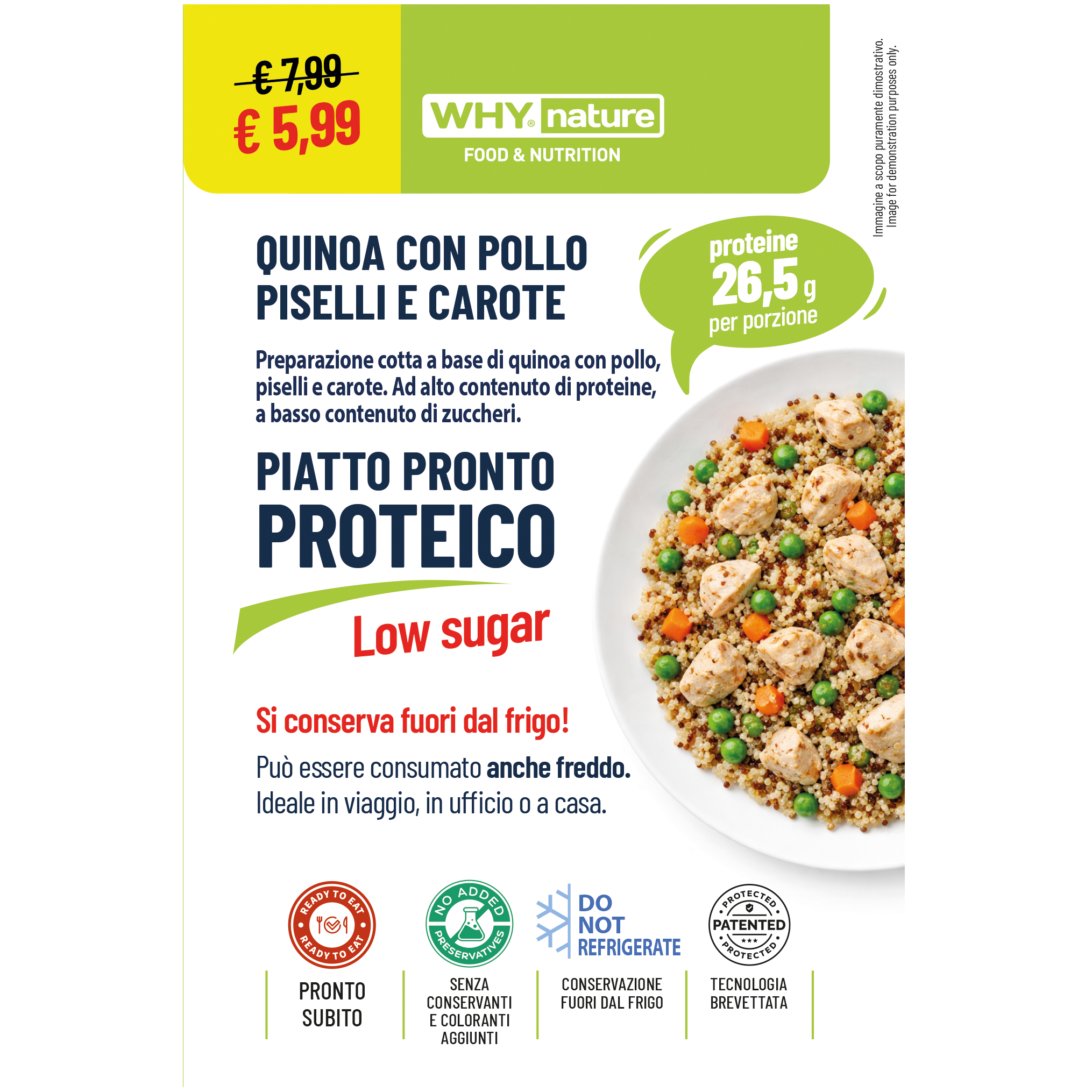 Piatto pronto proteico Why Nature Quinoa con pollo piselli e carote 270g